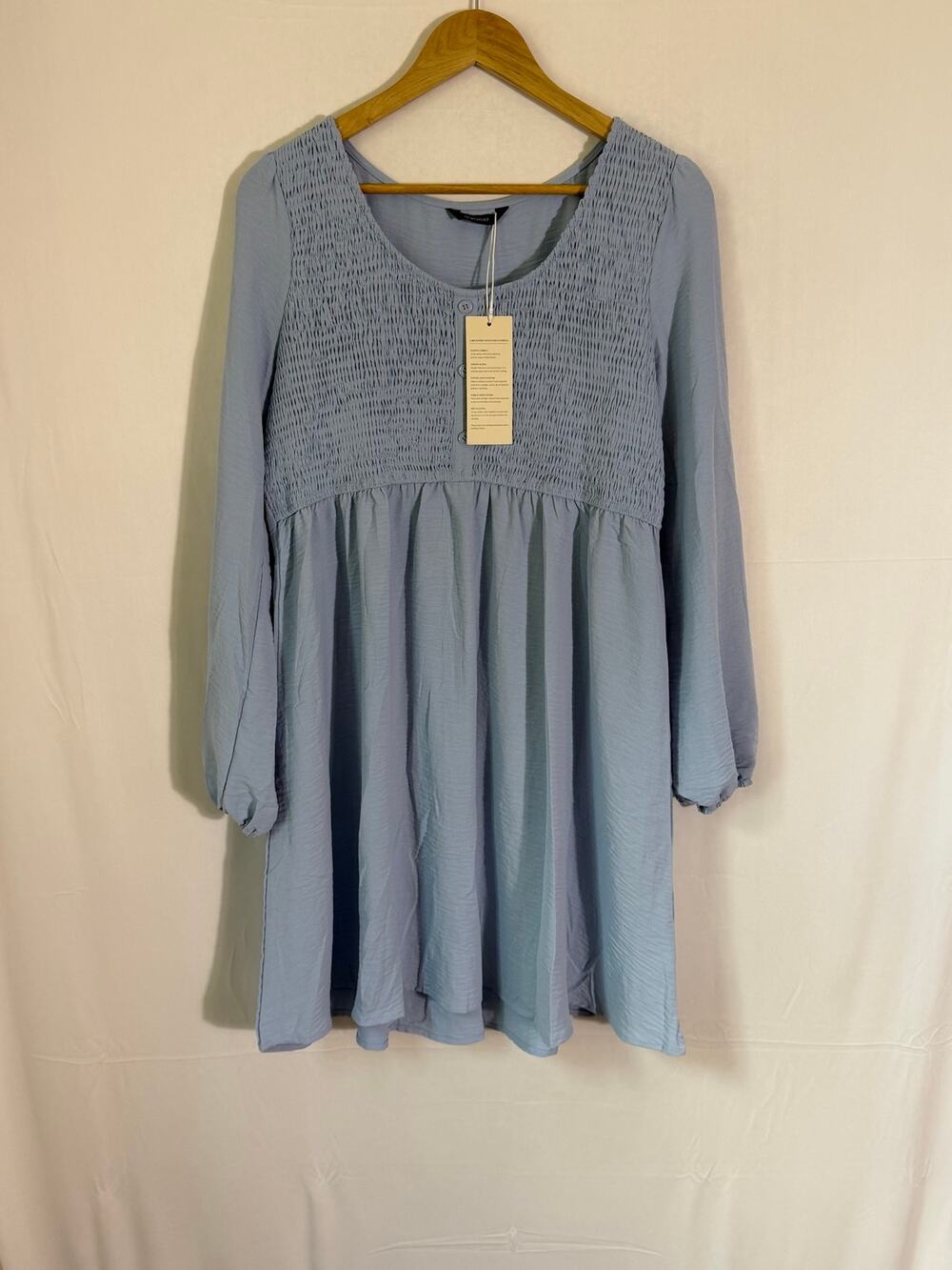 Dokotoo Women’s Blue Smocked Babydoll Dress Long Sleeve Size XL NWT